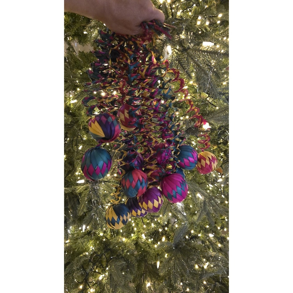 20 Mexican Palm Leaf Woven Round Christmas Ornaments & 3 Ornaments Boho Red Blue